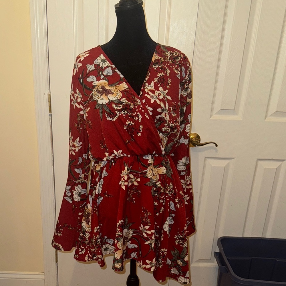 SHEIN Red Floral Wrap Blouse